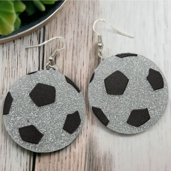 Soccer Ball Earrings Large Glitter Acrylic Dangle Pierced Sport Fan Jewelry - Picture 4 of 6